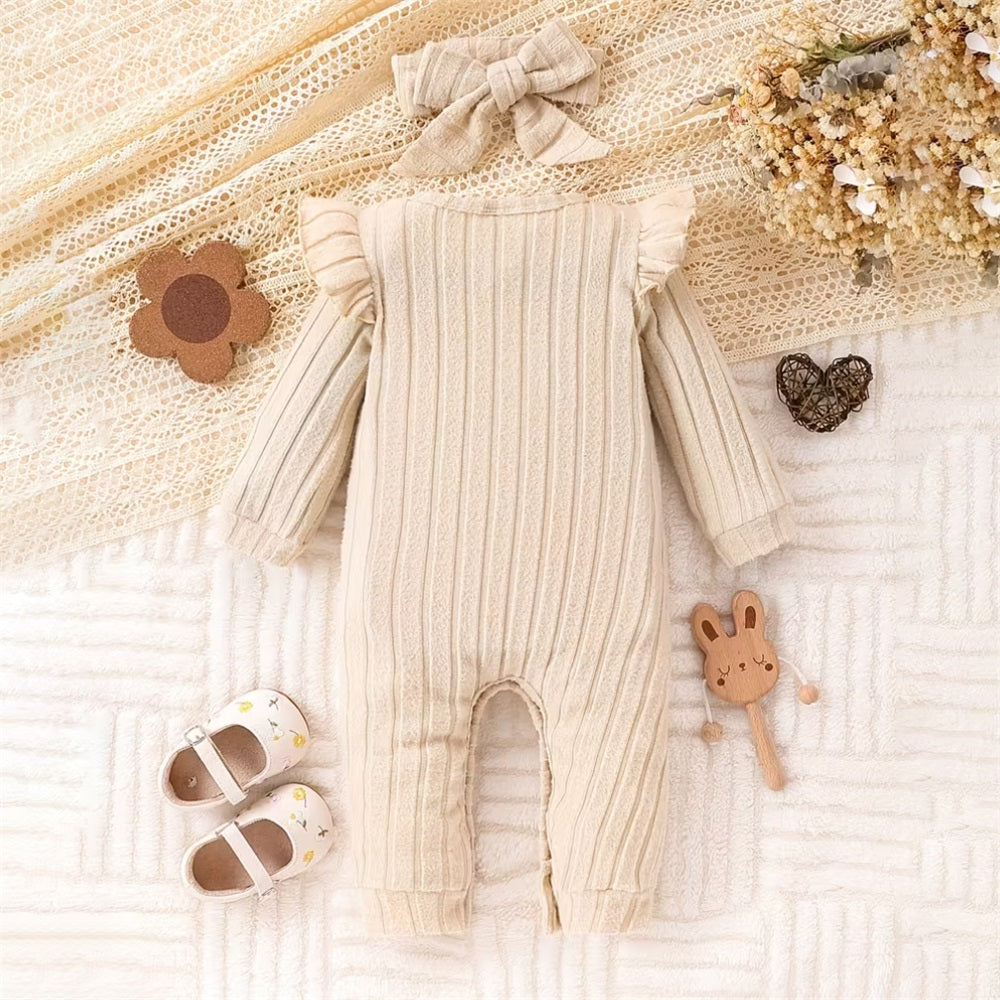 2PCS Butterfly Print Long Sleeve Plush Baby Jumpsuit