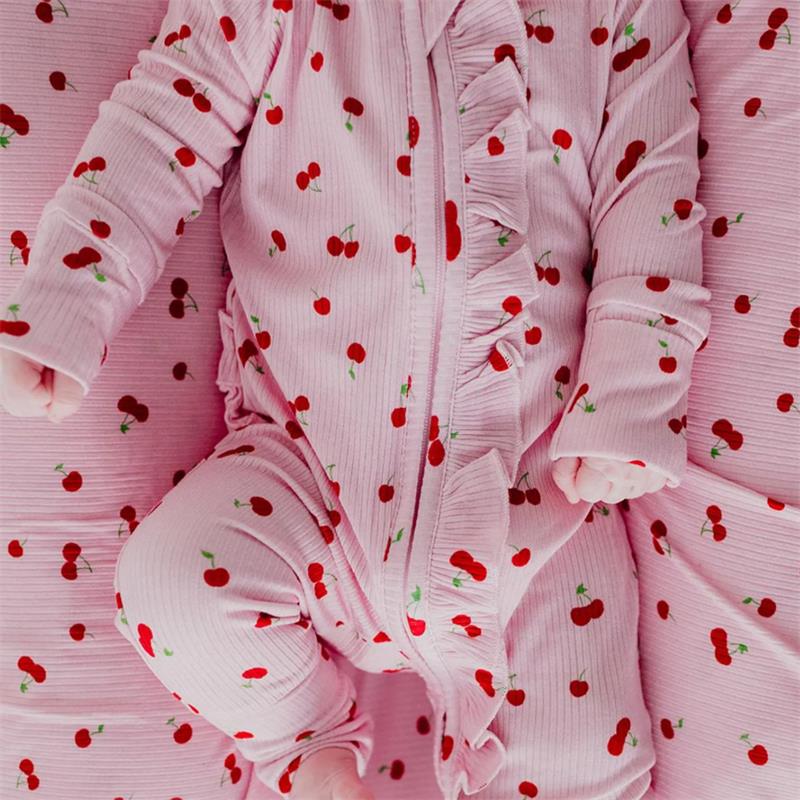 Sweet Cherry Print Ruffle Zipper Long Sleeve Baby Jumpsuit
