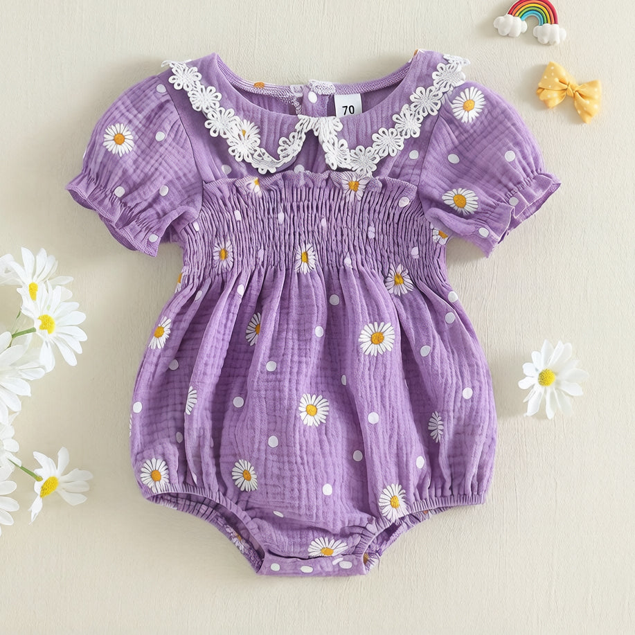 Dreamy Daisy Printed Eyelet Lace Short Sleeve Baby Romper
