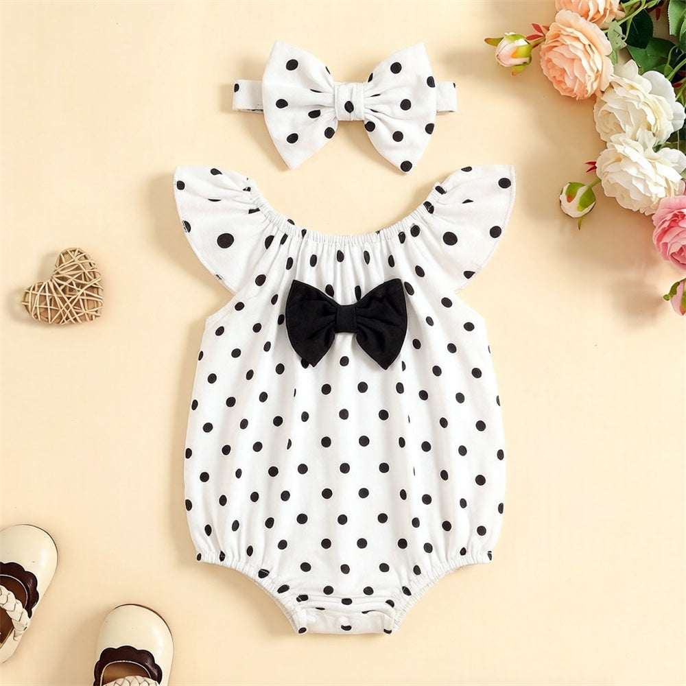 2PCS Cute Polka Dots Print Flutter Sleeve Baby Romper