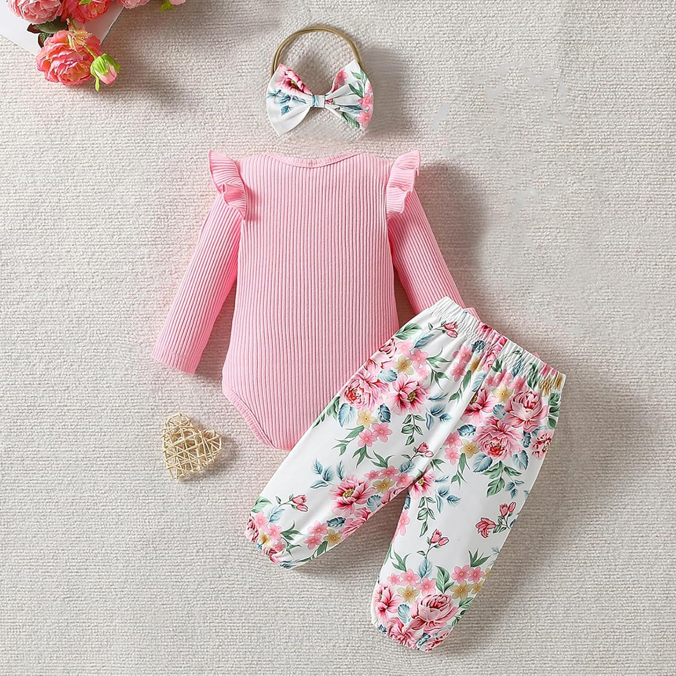 3PCS Dad+Mom Me Letter Floral Print Long Sleeve Baby Set