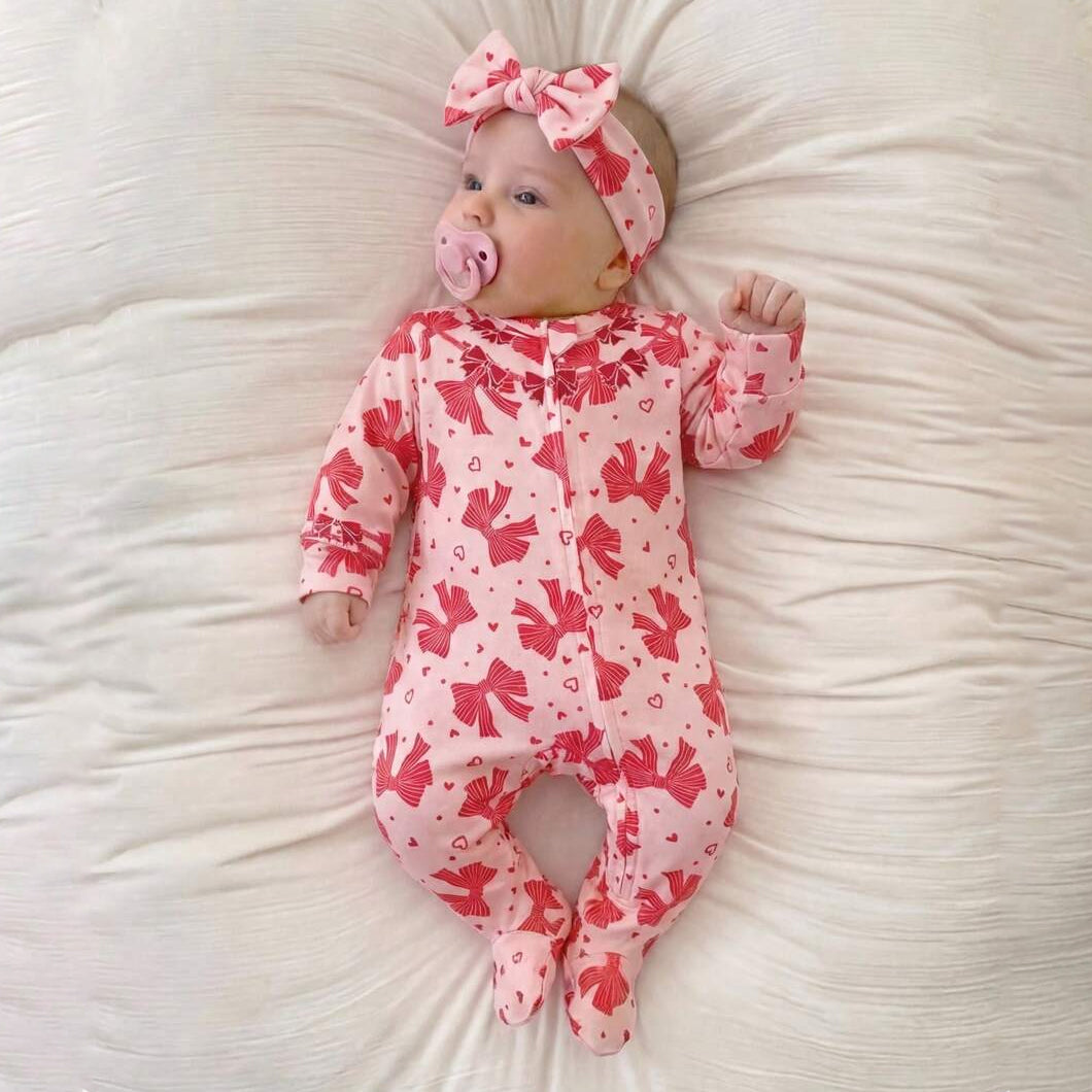 2PCS Cozy Bow & Heart Printed Long Sleeve Zipper Baby Jumpsuit