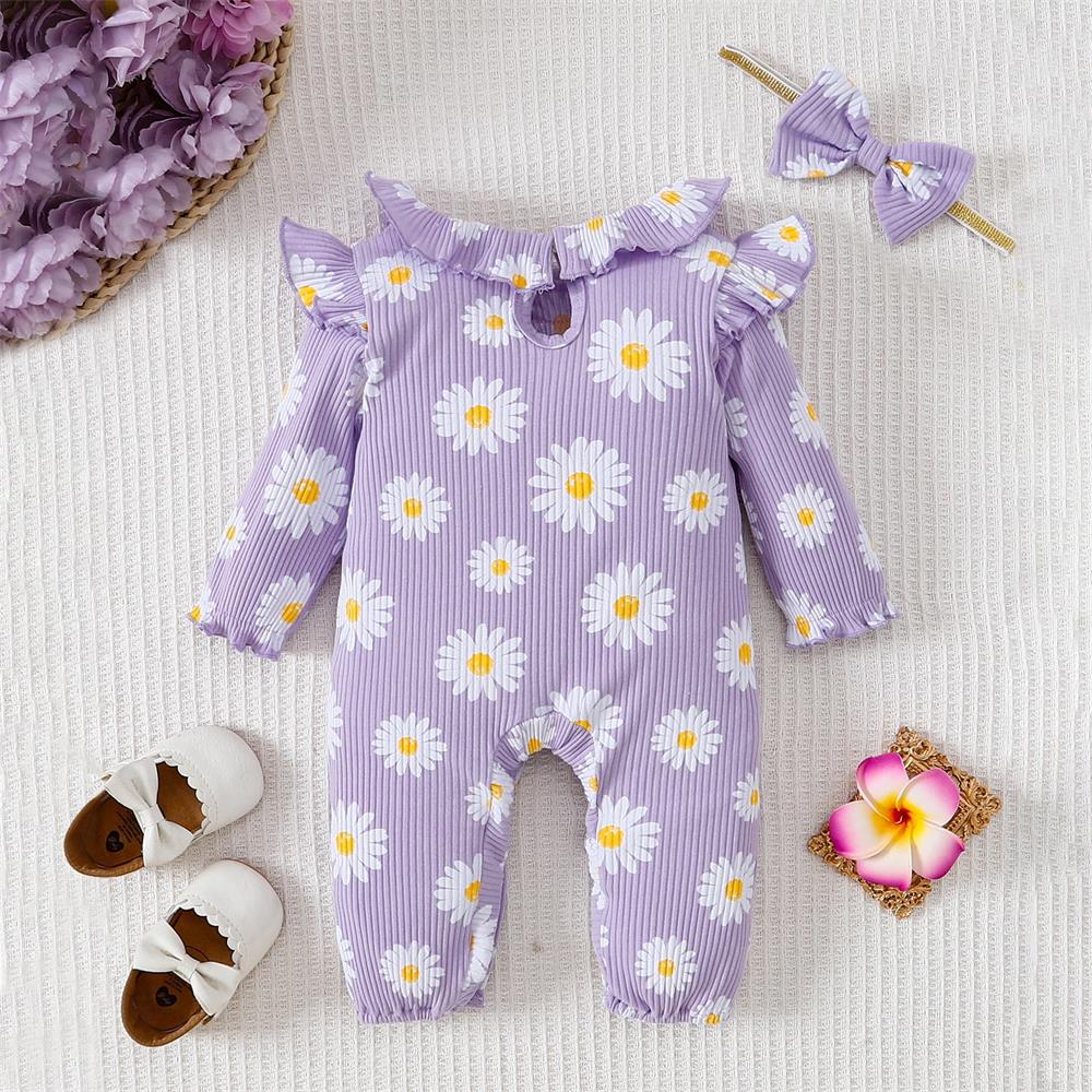 2PCS Fashion Daisy Print Long Sleeve Baby Jumpsuit