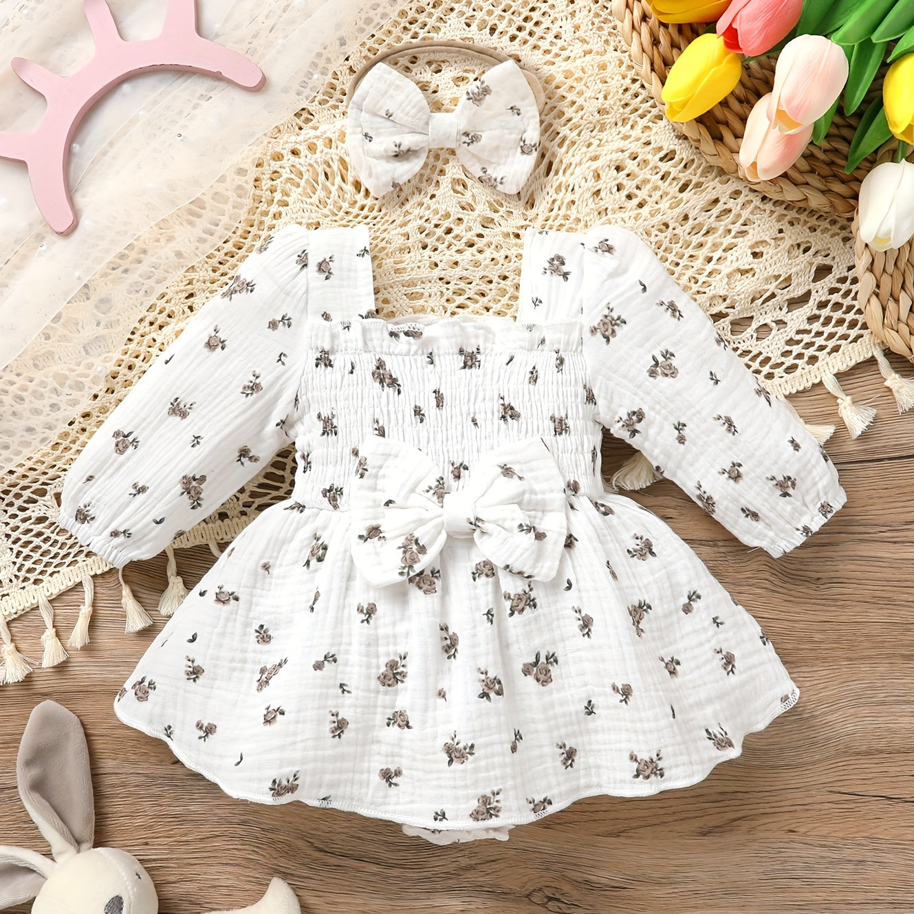 2PCS Elegant Ditsy Floral Print Long Sleeve Baby Romper