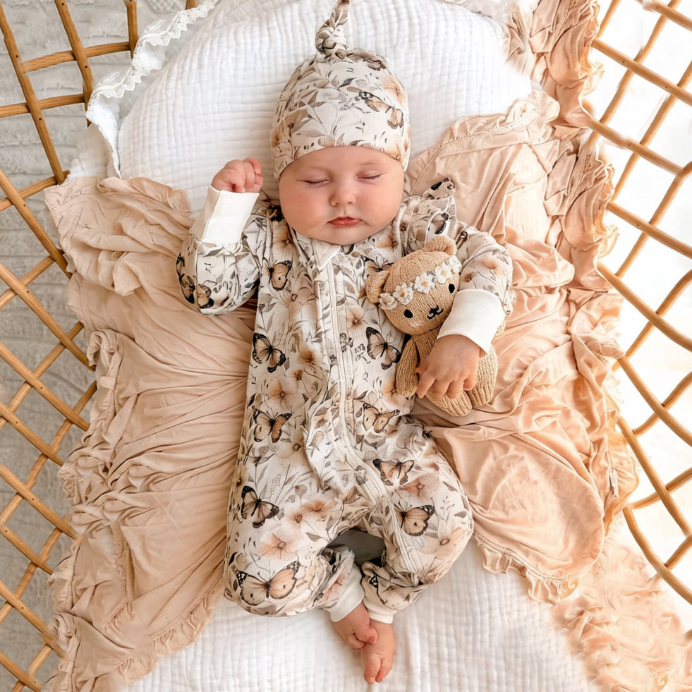 Sweet Butterfly Floral Print Long Sleeve Zipper Baby Jumpsuit