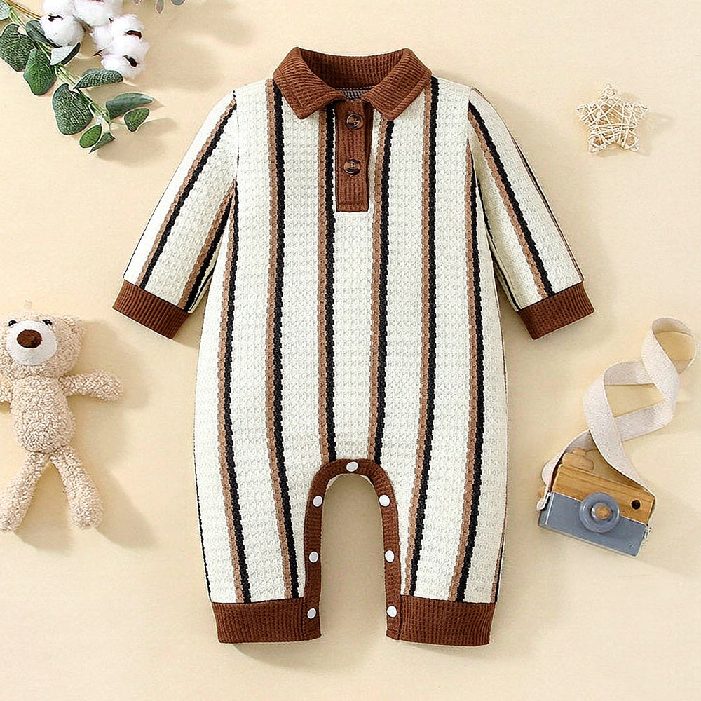 2PCS Colorblock Stripe Print Long Sleeve Waffle Baby Boy Jumpsuit