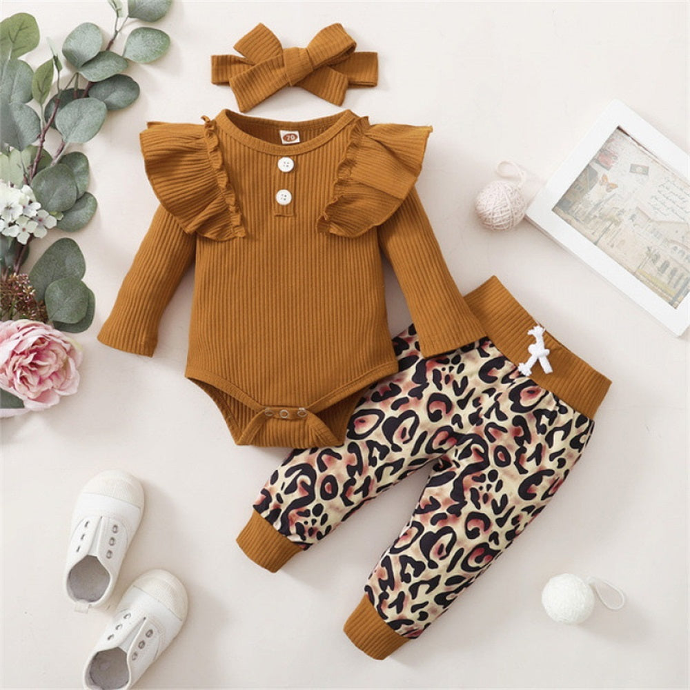 3PCS Stylish Leopard Print Ruffle Trim Long Sleeve Baby Set