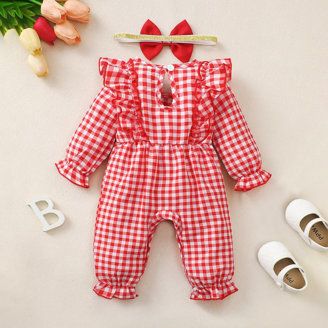 2PCS Classic Plaid Print Bow Long Sleeve Baby Jumpsuit