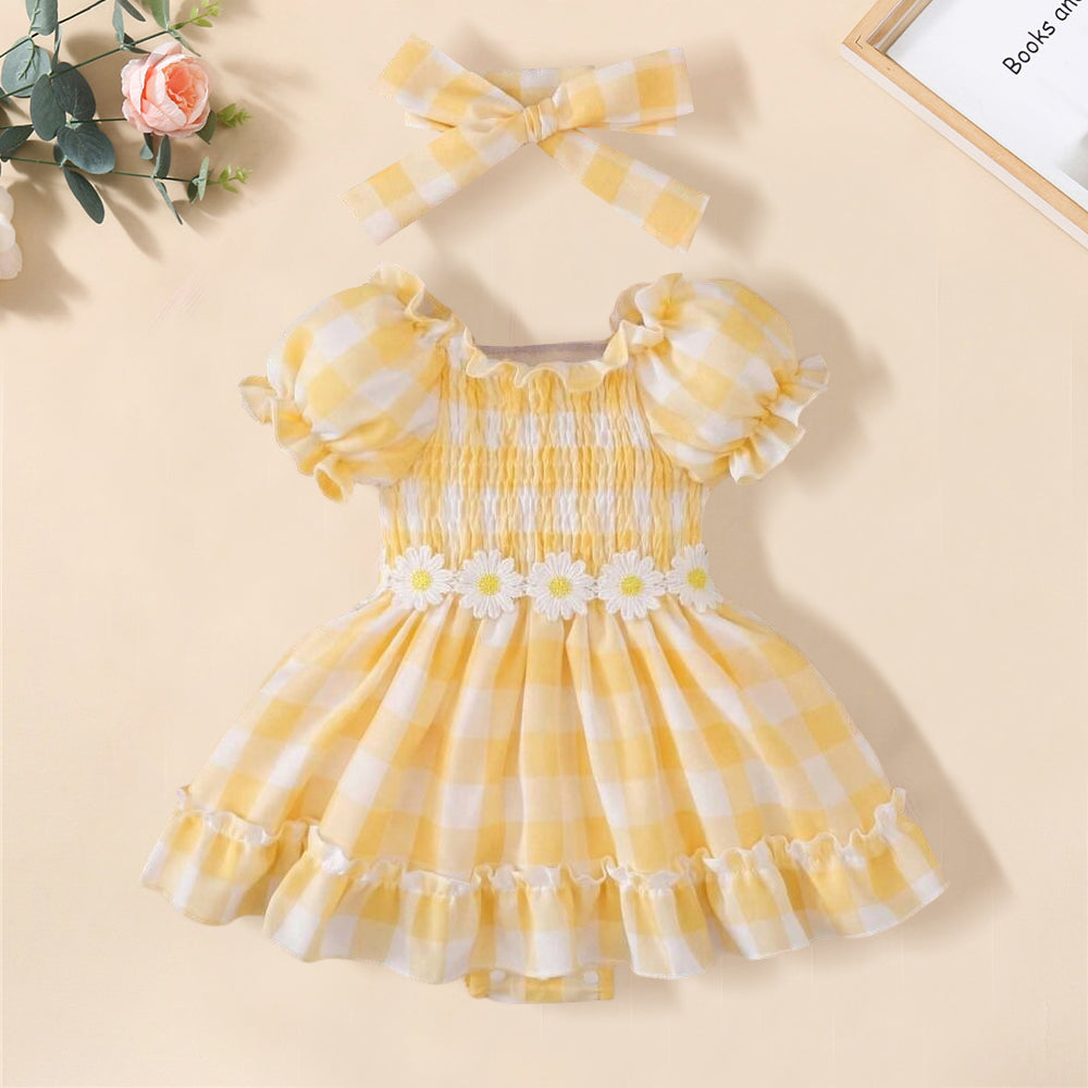 2PCS Cute Plaid Printed Short Sleeve Ruffle Hem Baby Romper