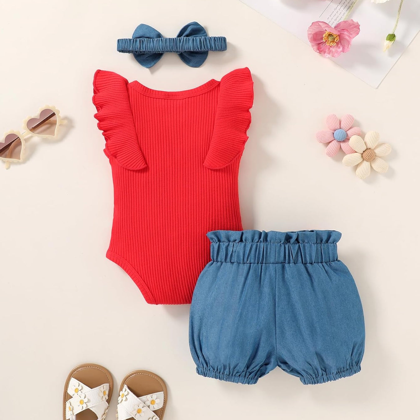 3PCS Sweet Strawberry Printed Appliqué Flutter Sleeve Baby Set