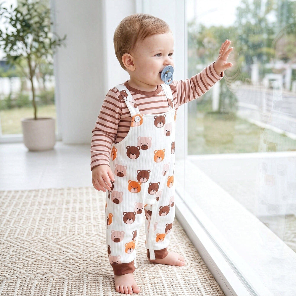 2PCS Stripe Print Romper and Bear Print Overalls Baby Set