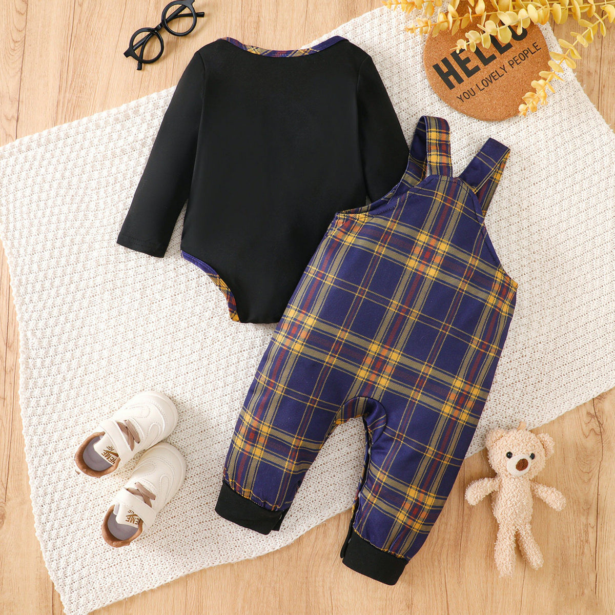 2PCS Classic Plaid Printed Long Sleeve Overalls Baby Set