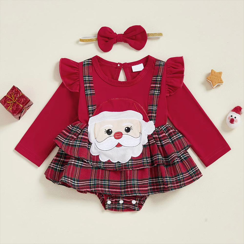 2PCS Sweet Santa Claus Applique Plaid Print Long Sleeve Baby Girl Romper