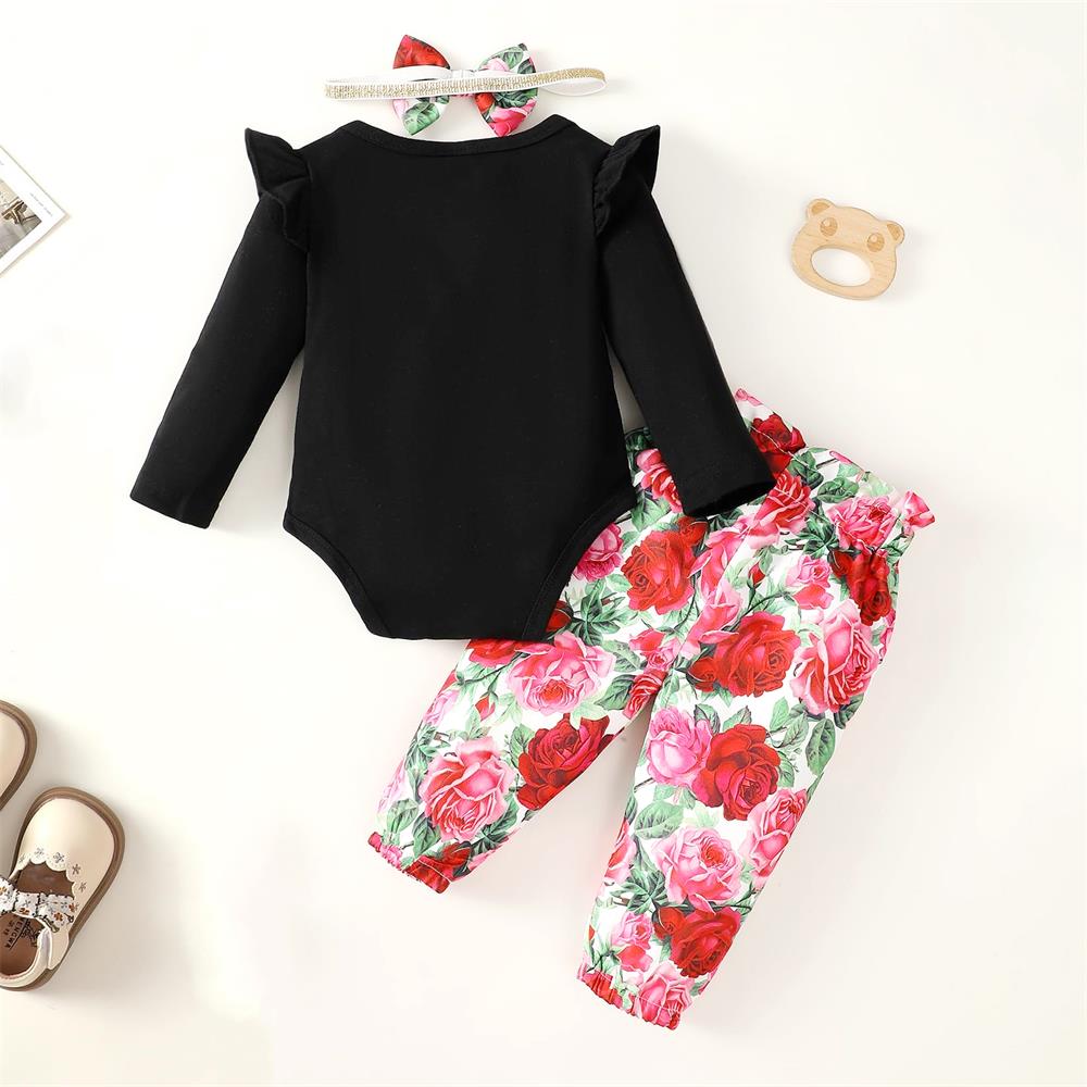 3PCS Daddy's Girl and Mommy's World Letter Floral Print Baby Set