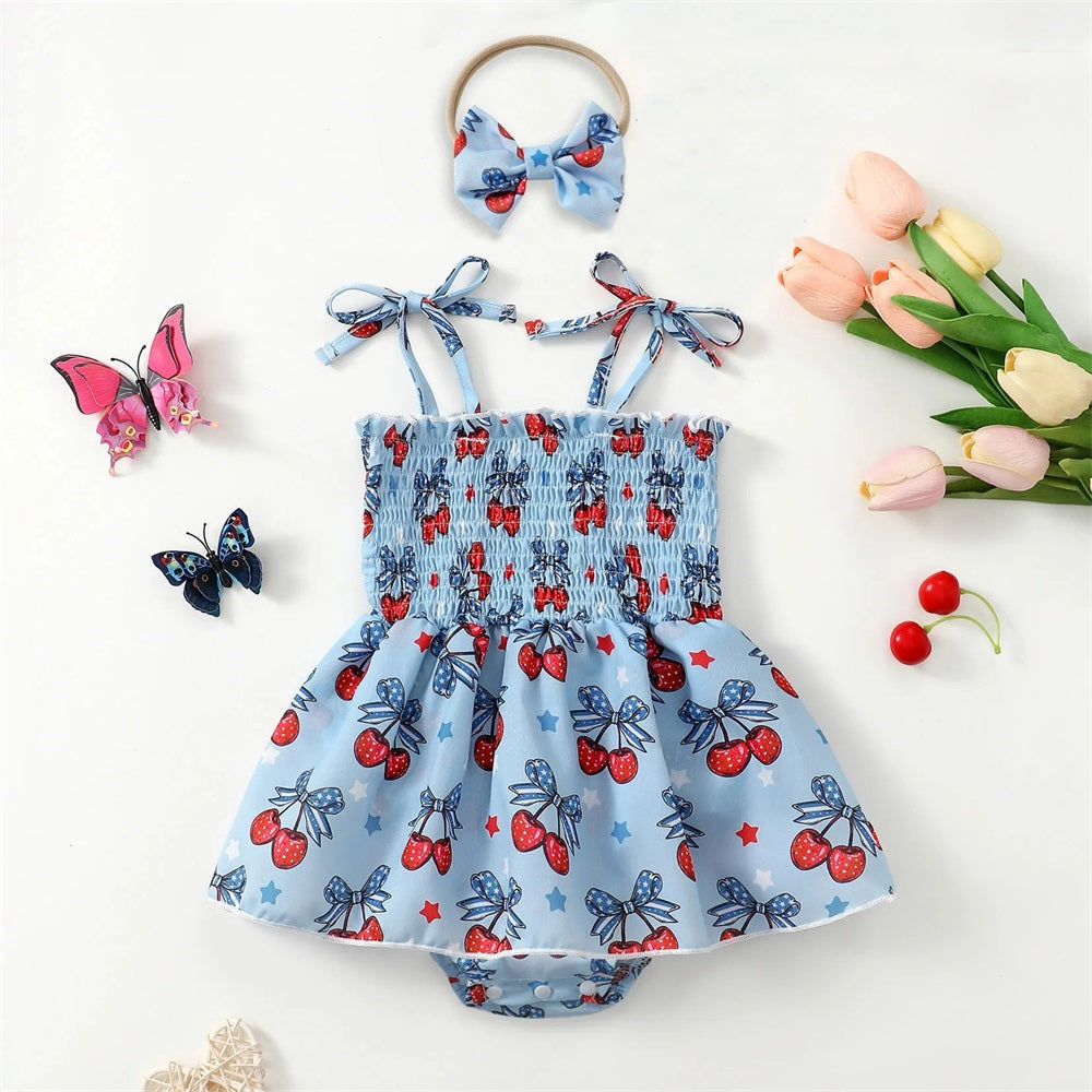 2PCS Summer Cherries Printed Suspender Baby Romper