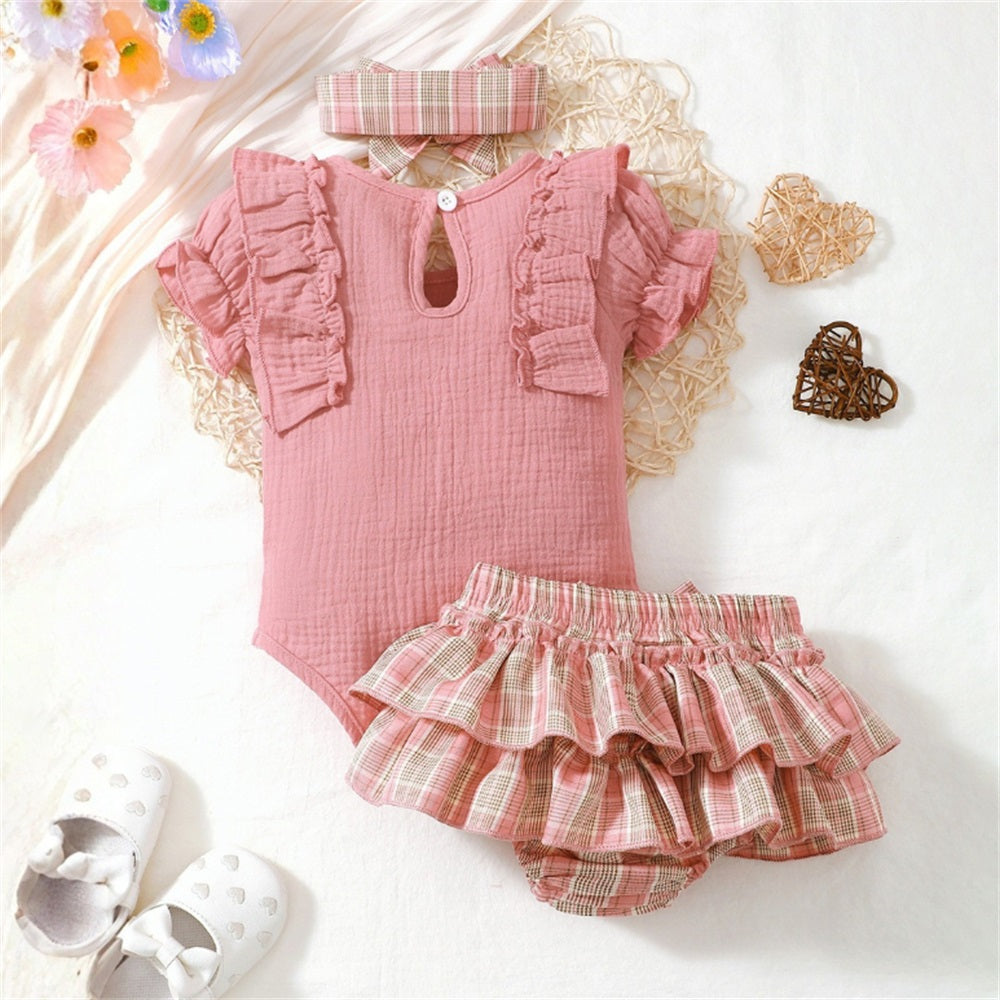 3PCS Sweet Plaid Print Ruffle Short Sleeve Baby Set