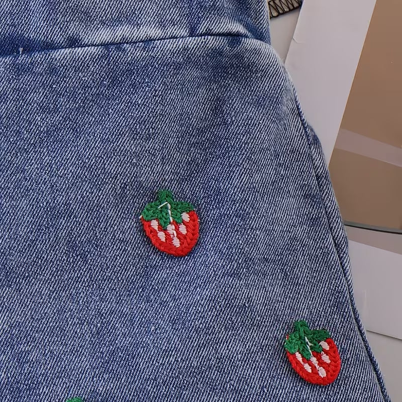 2PCS Lovely Strawberry Appliqued Striped Flutter Sleeve Baby Overalls Set