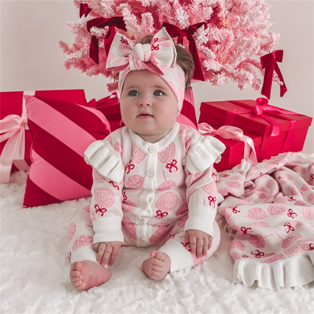 2PCS Sweet Lollipop Print Knit Ruffle Long Sleeve Baby Jumpsuit