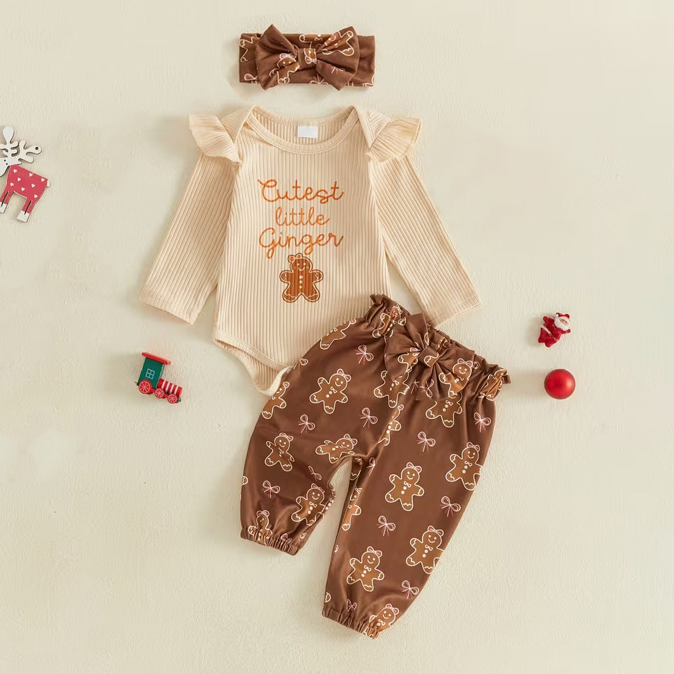 3PCS Cutest Christmas Little Ginger Letter Print Long Sleeve Baby Set