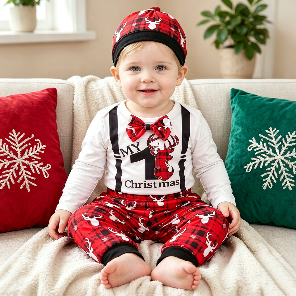 3PCS Stylish My 1st Christmas Letter Reindeer Plaid Print Baby Boy Set