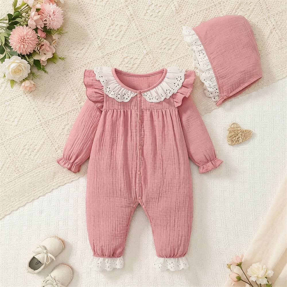 2PCS Pure Solid Color Lace Baby Girl Jumpsuit
