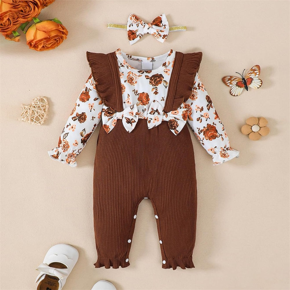 2PCS Trendy Floral Printed Long Sleeve Baby Jumpsuit