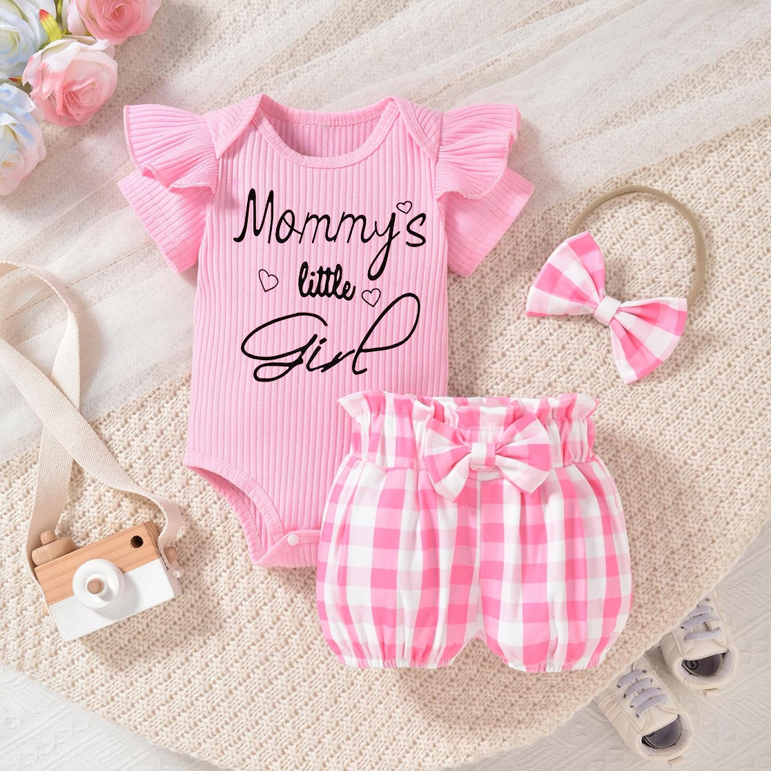 3PCS Mommy's Little Girl Letter Printed Short Sleeve Baby Set