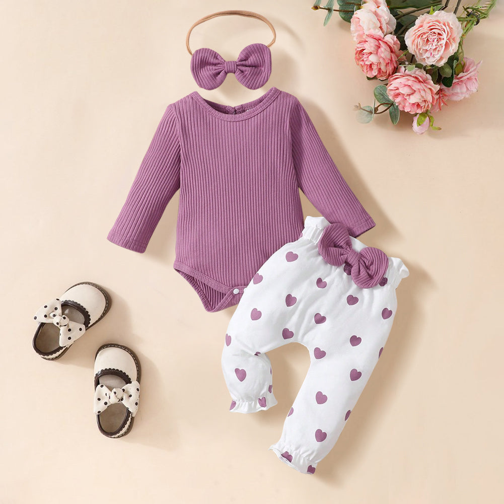 3PCS Grace Heart Printed Long Sleeve Baby Set