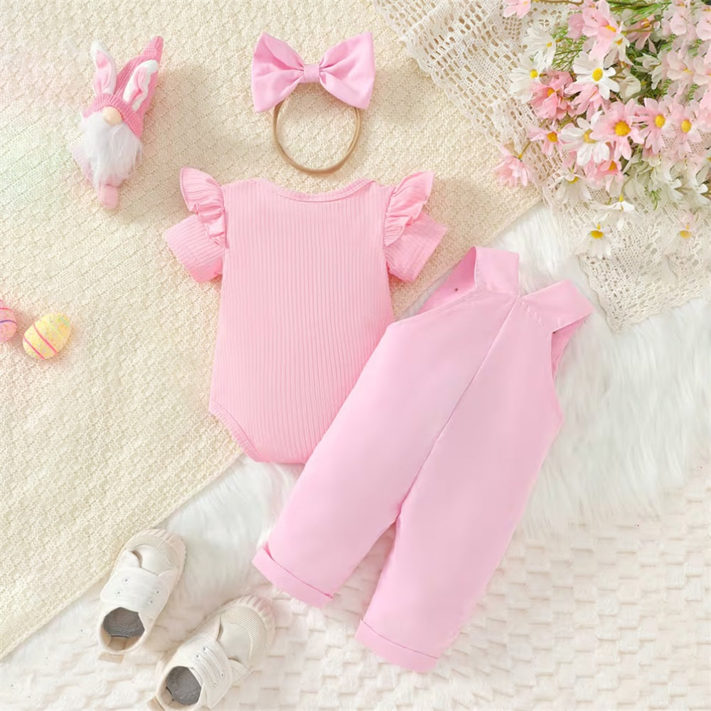 3PCS Rabbit Carrot Embroidery Short Sleeve Baby Overalls Set