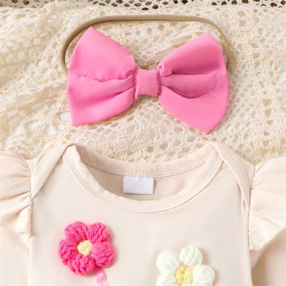 4PCS Cute 3D Floral Embroidery Print Long Sleeve Baby Set