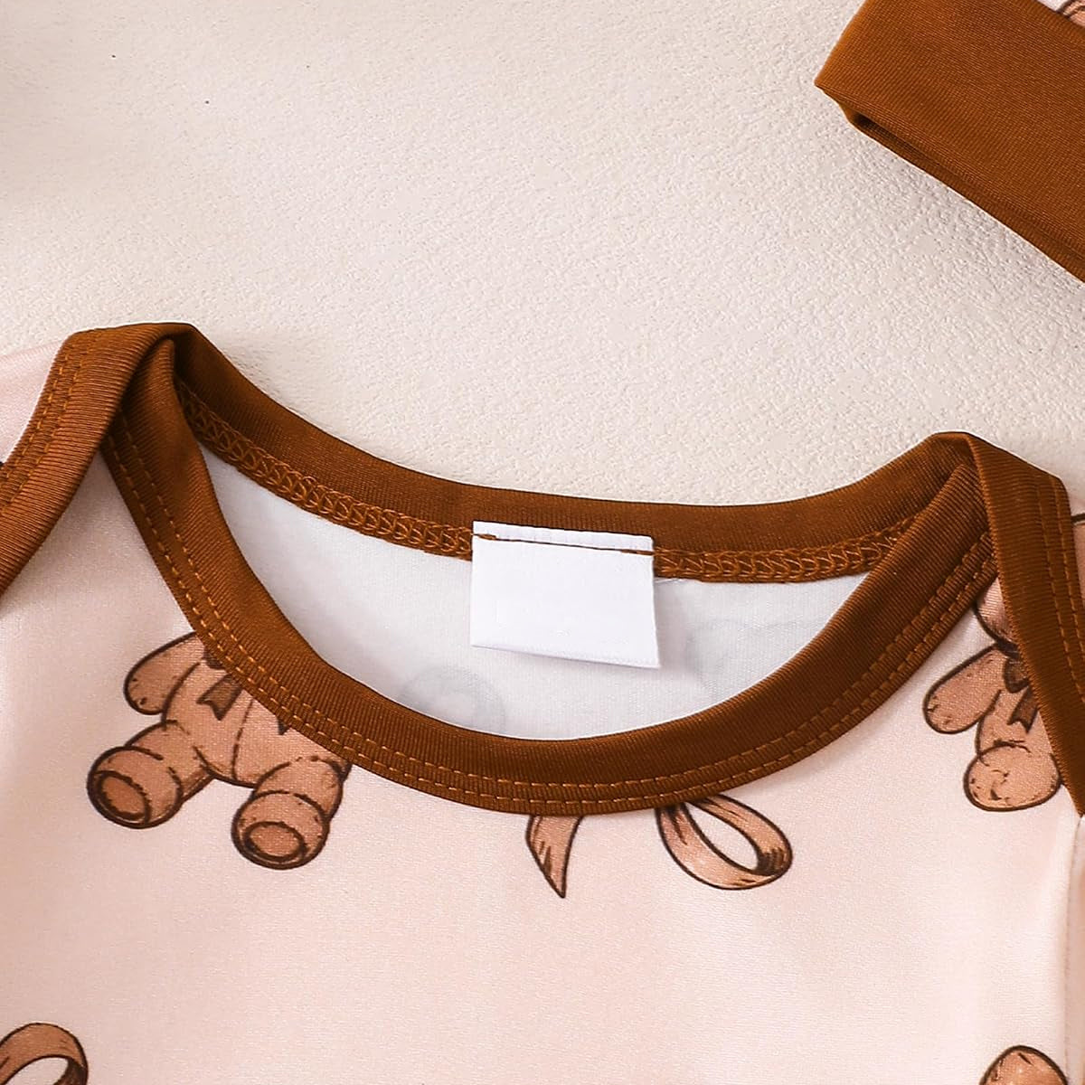 2PCS Casual Bear Bow Print Long Sleeve Baby Jumpsuit