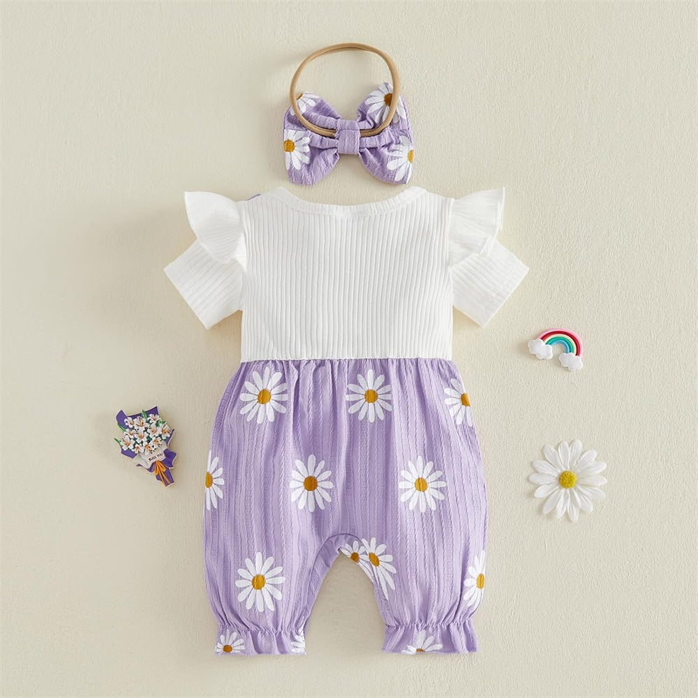 2PCS Casual Daisy Printed Bow Short Sleeve Baby Jumpsuit