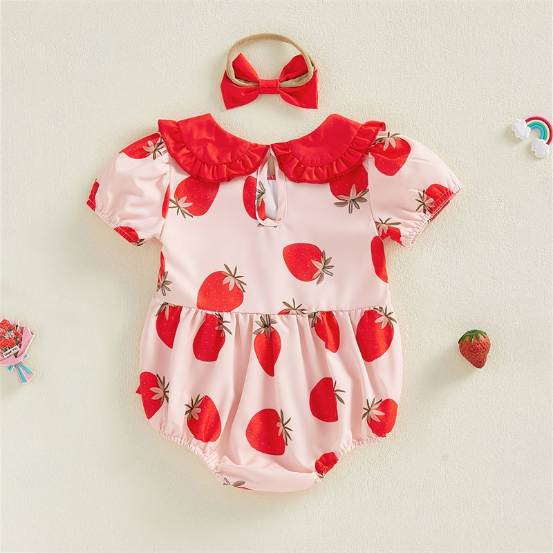 2PCS Mama's Bestie Letter Embroidery Strawberry Print Baby Romper