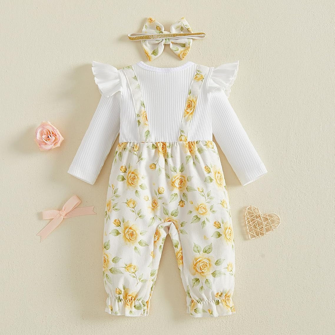 2PCS Cute Baby Girl Floral Printed Faux Two Piece Long Sleeve Jumpsuit