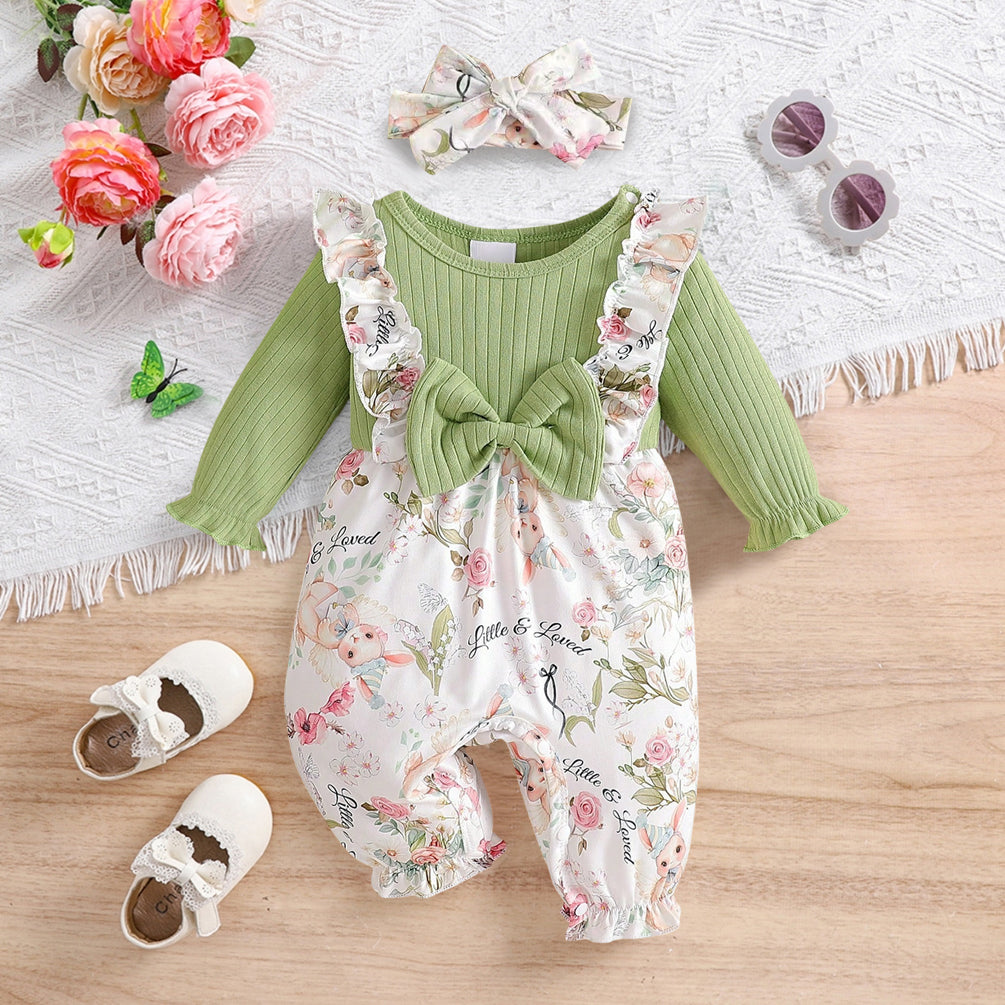 2PCS Charming Floral Printed Baby Girl Jumpsuit