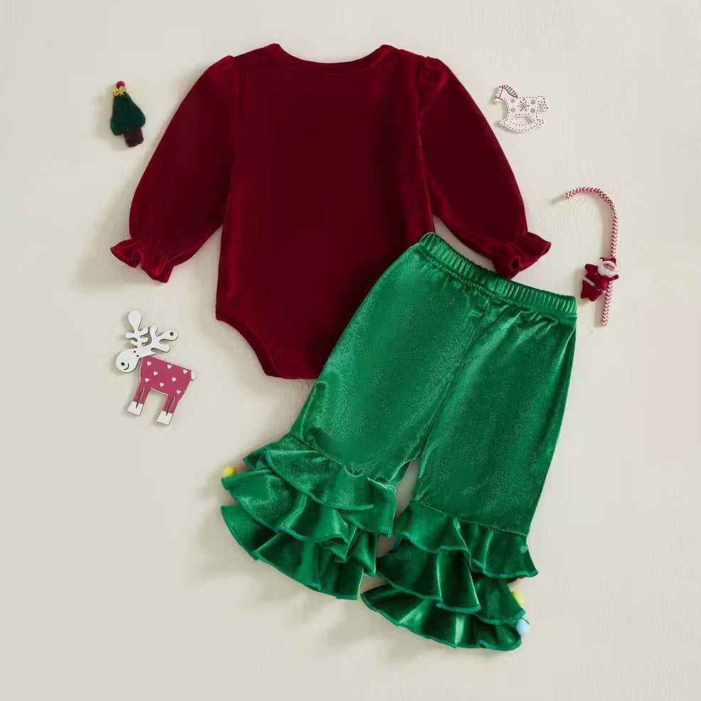 2PCS My First Christmas Tree Letter Printed Velvet Baby Set