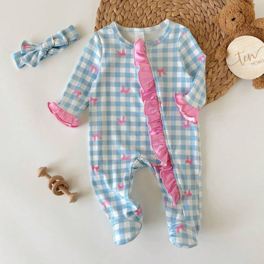 2PCS Pretty Plaid Bow Print Long Sleeve Zipper Baby Jumpsuit