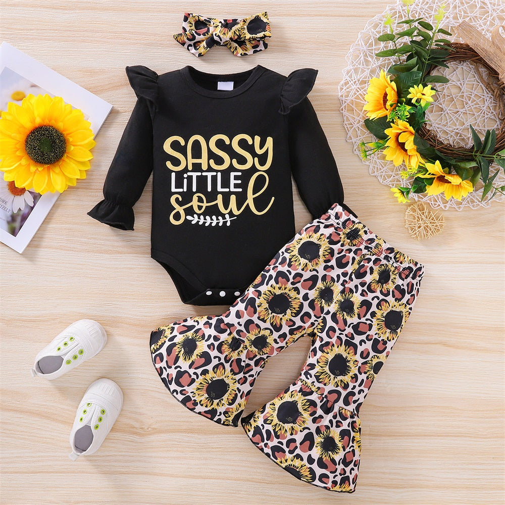 3PCS Sassy Little Soul Letter Print Leopard Long Sleeve Baby Set