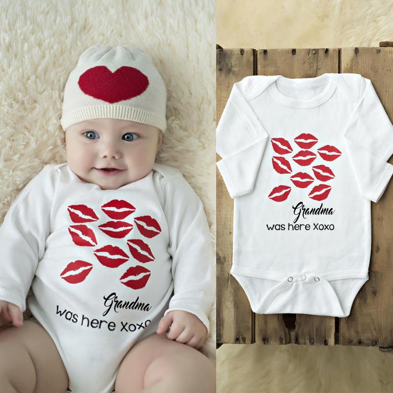 Grandma was here Lip Printed Long Sleeve Baby Romper