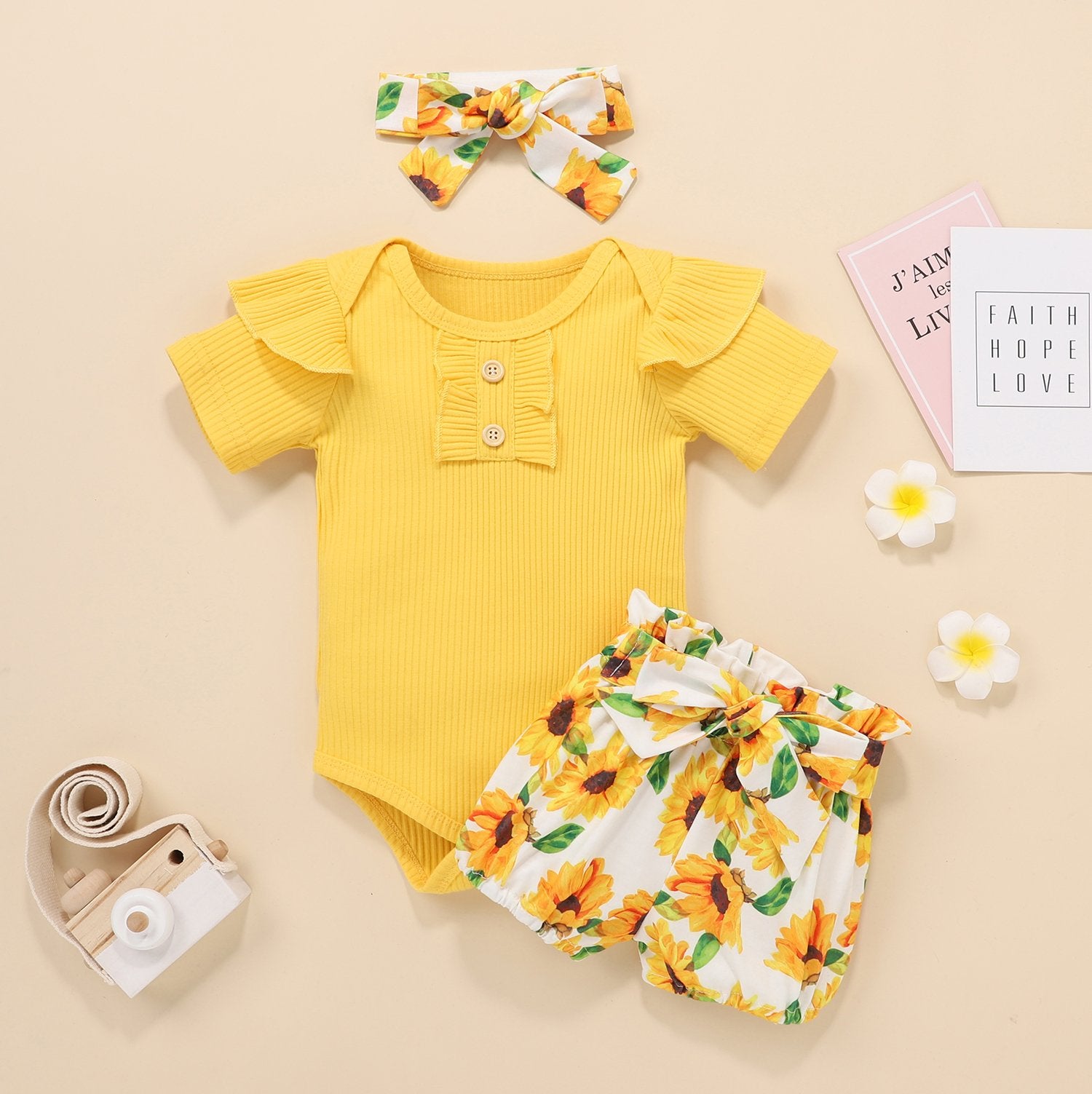 Conjunto de niña con estampado de girasol encantador de 3 piezas