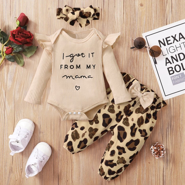 3PCS I Got It From My Mama Leopard Printed Baby Girl Set