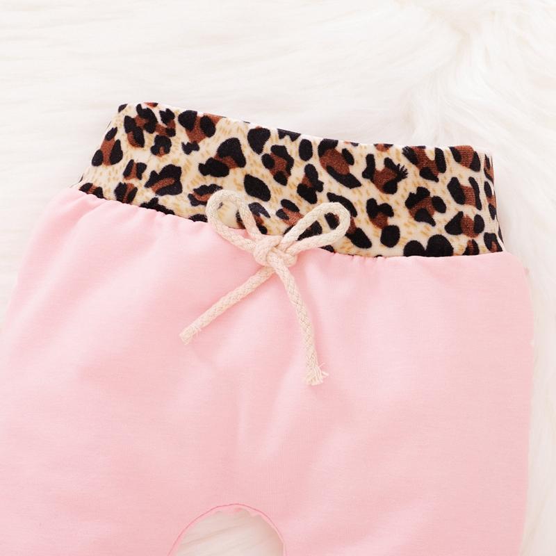 2PCS Baby Girl Soild Leopard Printed Long Sleeve Hoodie With Pants Baby Clothes Set