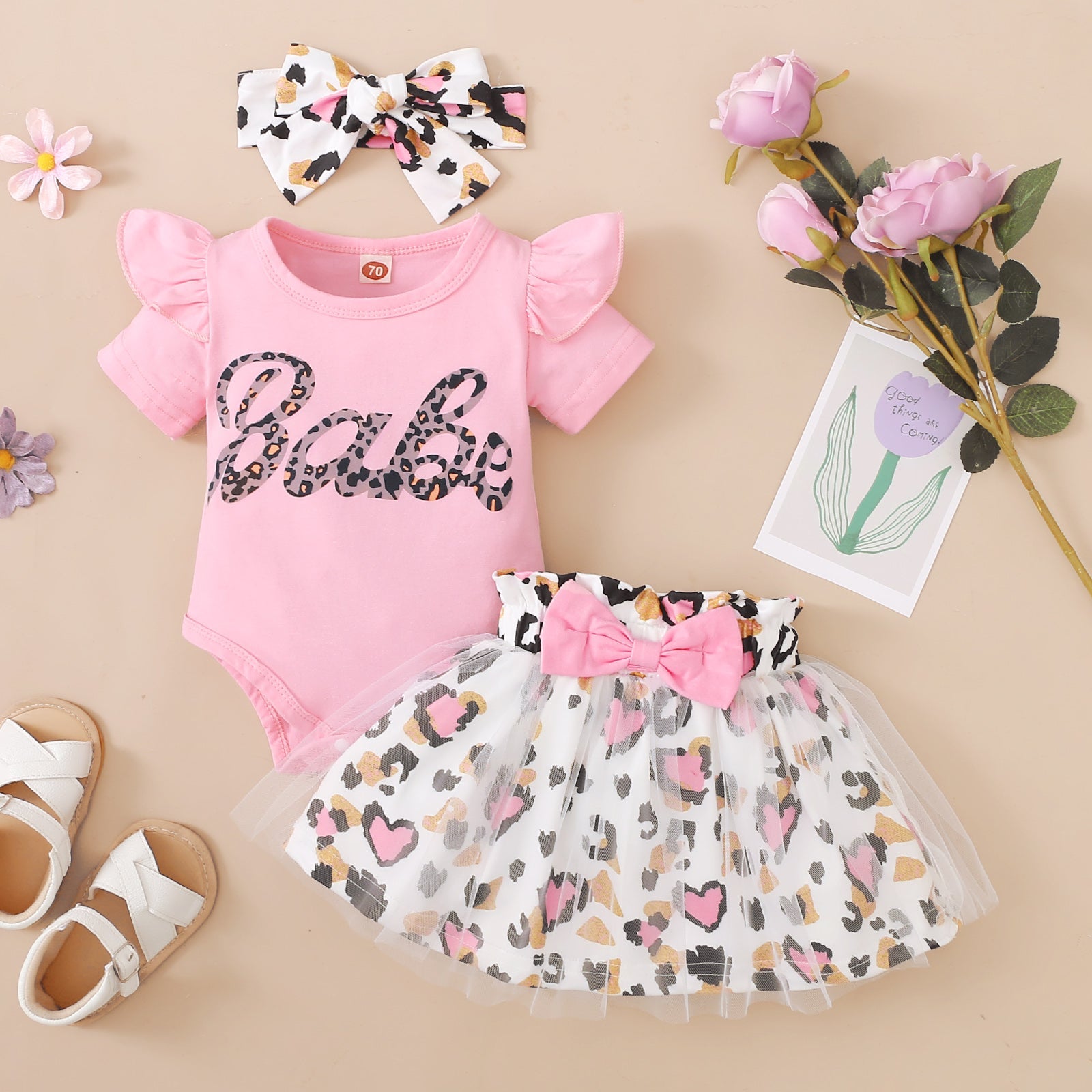 3PCS Lovely Leopard Short Sleeve Baby Set