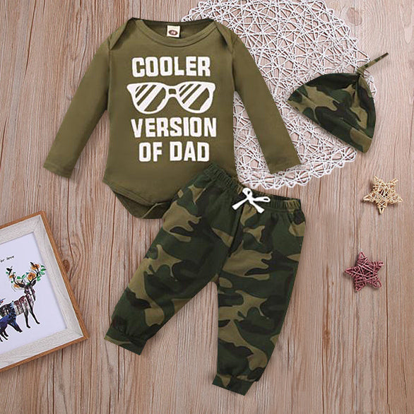 3PCS COOLER VERSION OF DAD Letter Printed Romper with Camo Printed Pants Baby Set