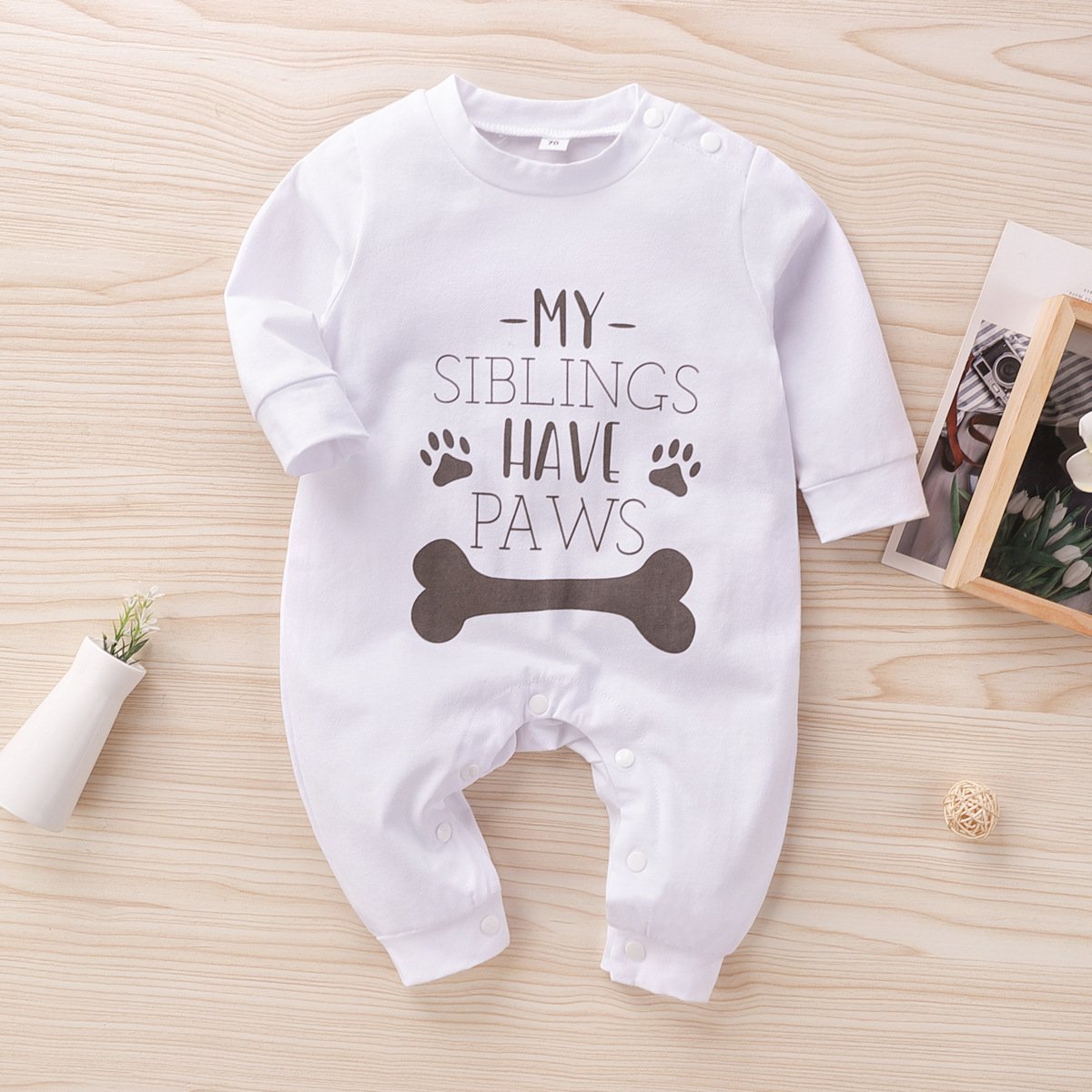 My Siblings Have Paws Cute Letters Bone Printed Long-sleeve Baby Jumpsuit