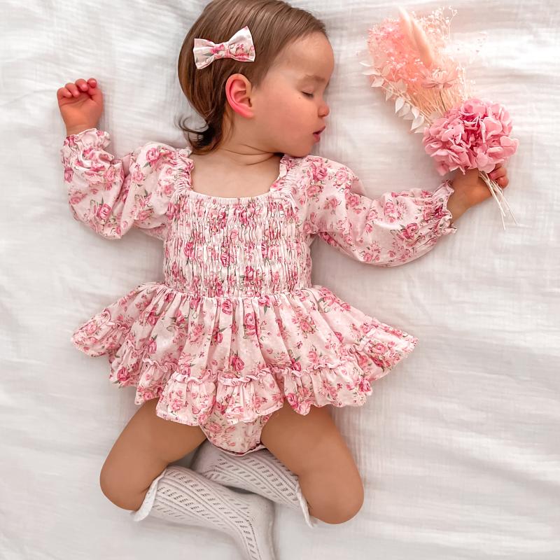 Barboteuse à manches longues pour bébé, 2 pièces, motif floral doux