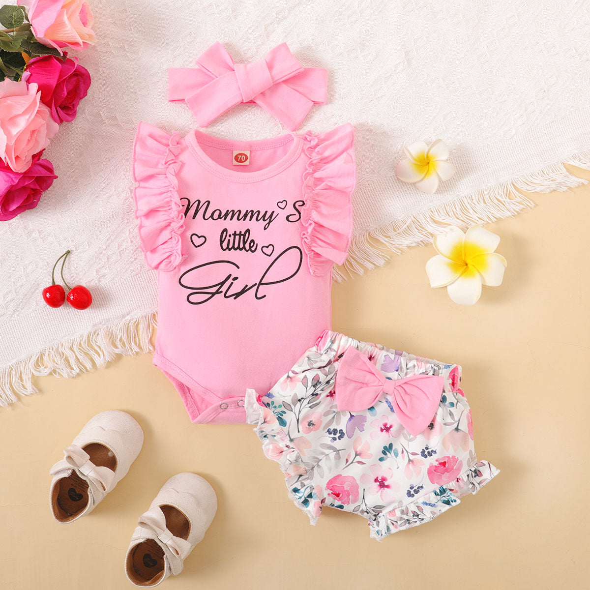 3PCS Mommy's Little Girl Letter Printed Baby Romper Set