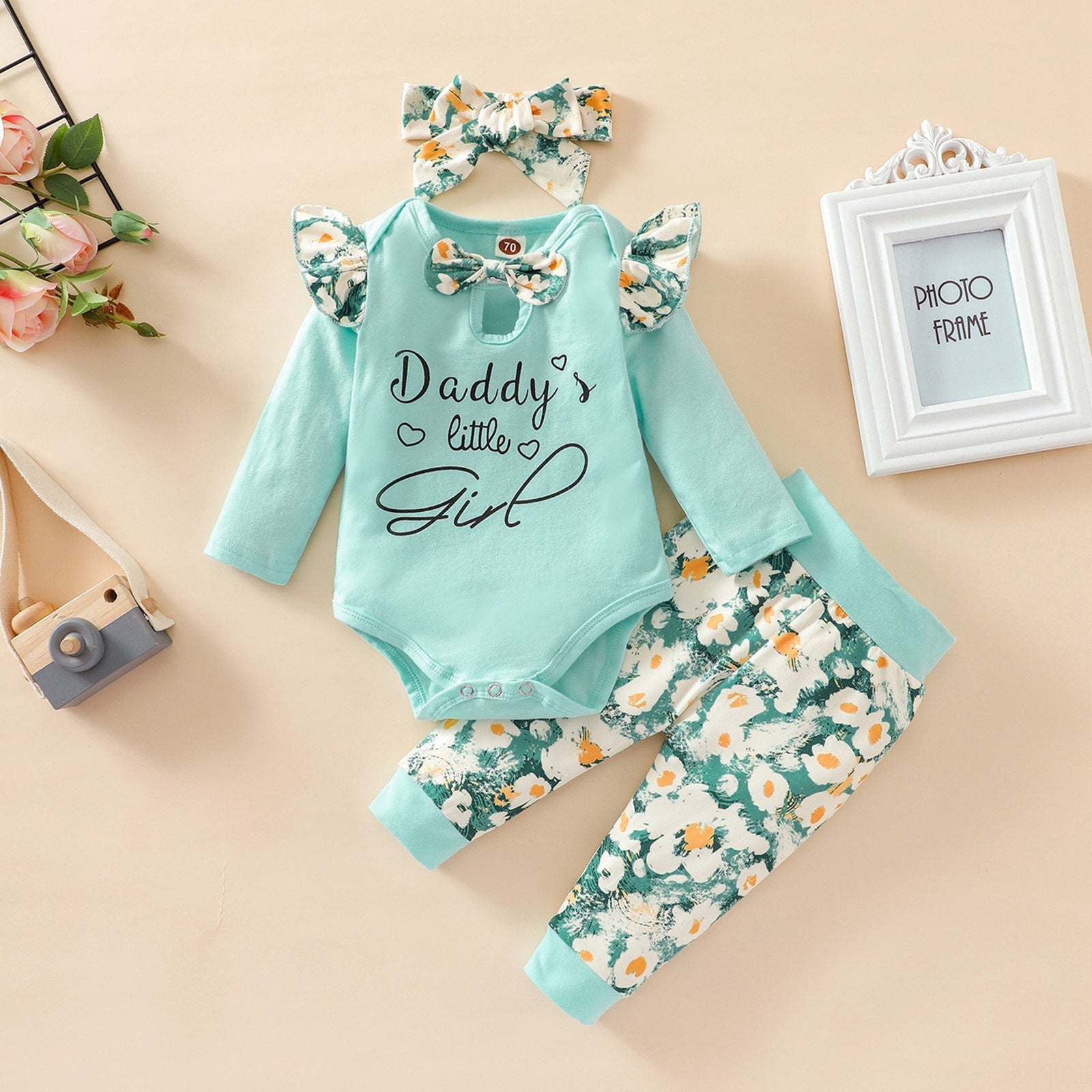 3PCS Daddy‘s Little Girl Letter Floral Print Baby Set