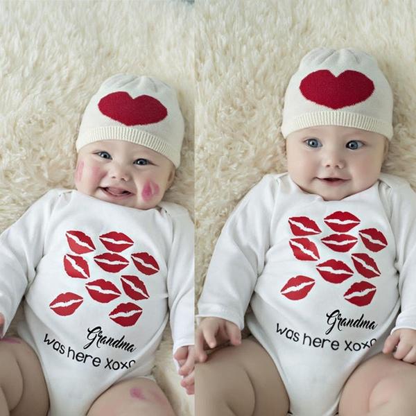 Grandma was here Lip Printed Long Sleeve Baby Romper