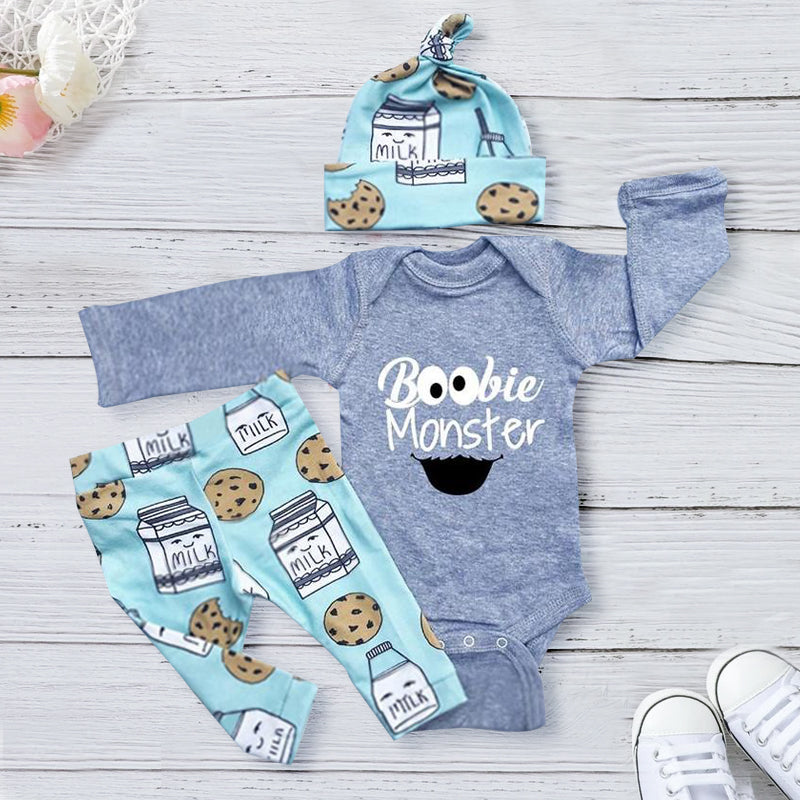 3PCS Boobie Monster Lettre Imprimé Barboteuse Avec Lait Imprimé Pantalon Bébé Ensemble